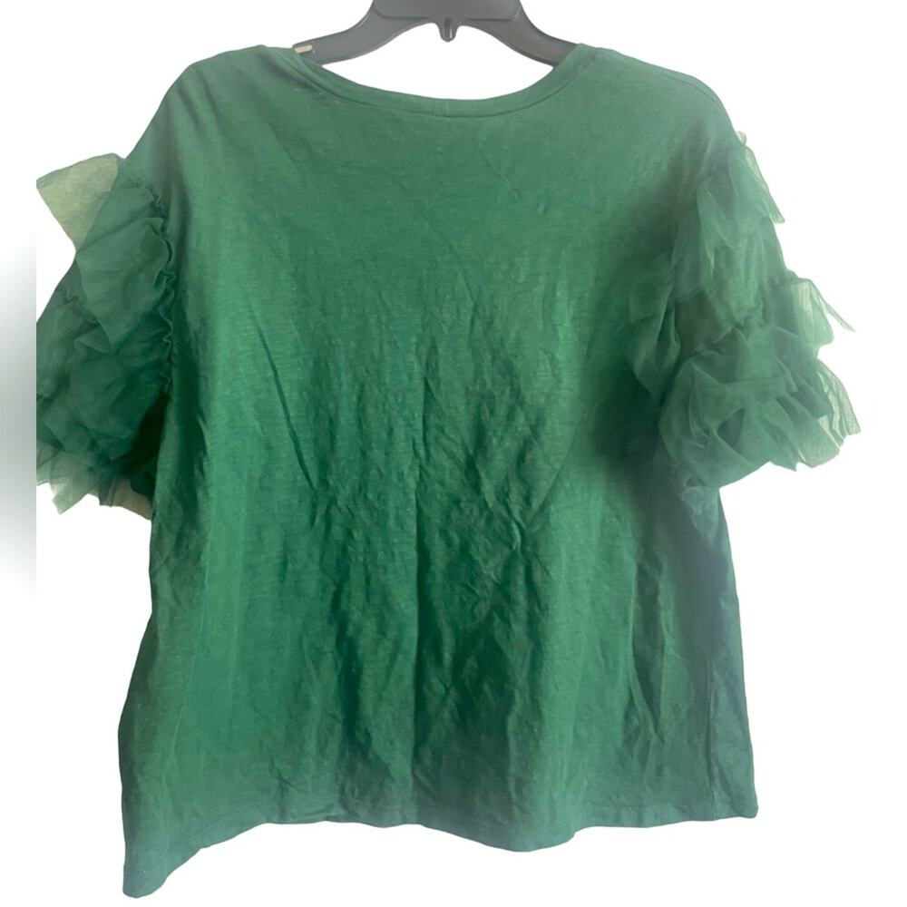 Lea & Viola Blouse XL Career Casual Cotton Crop Layered Ruffle Sleeve Emerald